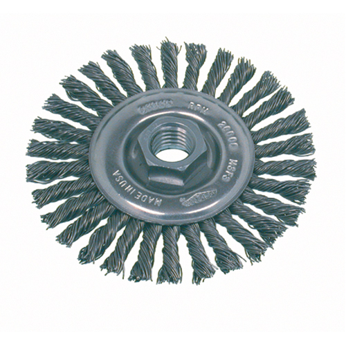 Brosse rotative &agrave; fils nou&eacute;s pour petites meuleuses haute vitesse, pour passe de fond, Dia. 4", Fils 0,02", Arbre 5/8"-11, Acier inoxydable Cantin et fils