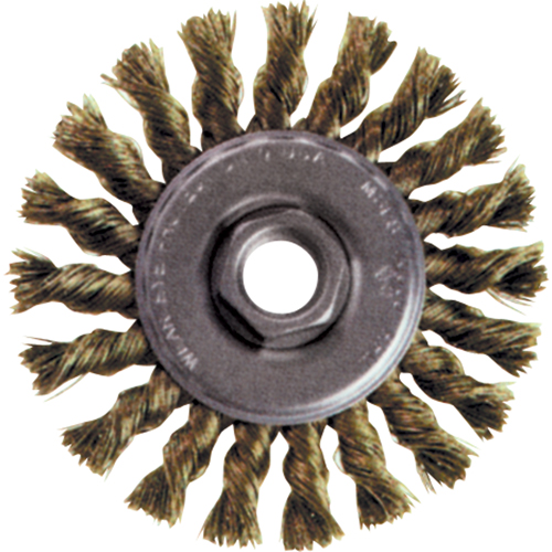 Brosse rotative &agrave; fils nou&eacute;s pour petites meuleuses haute vitesse, Dia. 4", Fils 0,02", Arbre 5/8"-11, Acier inoxydable Cantin et fils