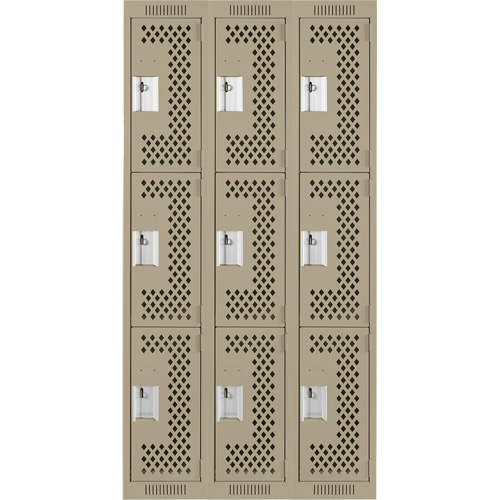 Clean Line Lockers, 3 -tier, Bank of 3, 36" x 12" x 72", Steel, Beige, Rivet (Assembled), Perforated Cantin et fils