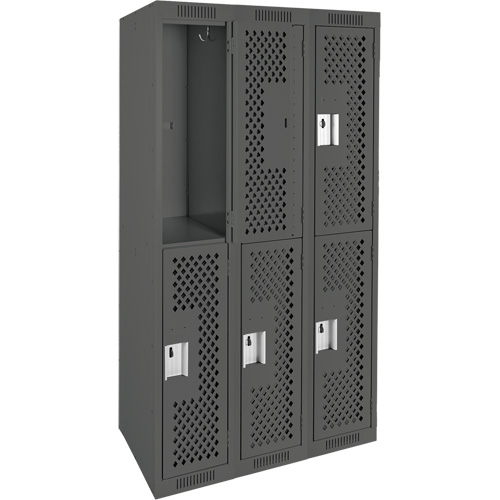 Clean Line Lockers, 2 -tier, Bank of 3, 36" x 15" x 72", Steel, Charcoal, Rivet (Assembled), Perforated Cantin et fils