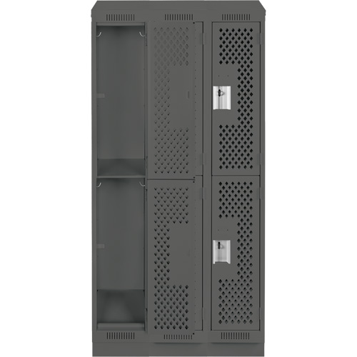 Clean Line Lockers, 2 -tier, Bank of 3, 36" x 15" x 82", Steel, Charcoal, Rivet (Assembled), Perforated Cantin et fils