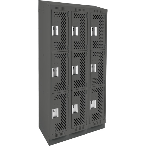 Clean Line Lockers, 3 -tier, Bank of 3, 36" x 18" x 82", Steel, Charcoal, Rivet (Assembled), Perforated Cantin et fils