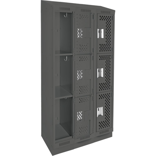 Clean Line Lockers, 3 -tier, Bank of 3, 36" x 18" x 82", Steel, Charcoal, Rivet (Assembled), Perforated Cantin et fils
