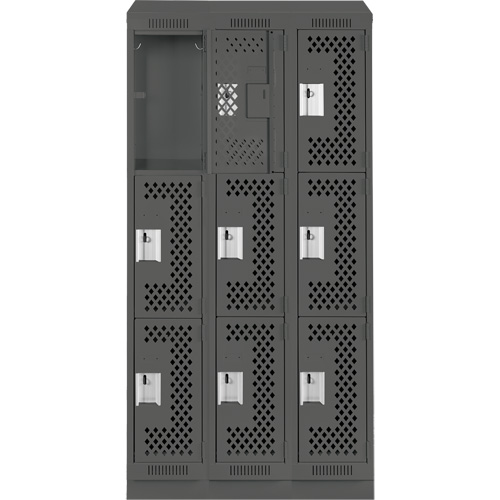Clean Line Lockers, 3 -tier, Bank of 3, 36" x 18" x 82", Steel, Charcoal, Rivet (Assembled), Perforated Cantin et fils