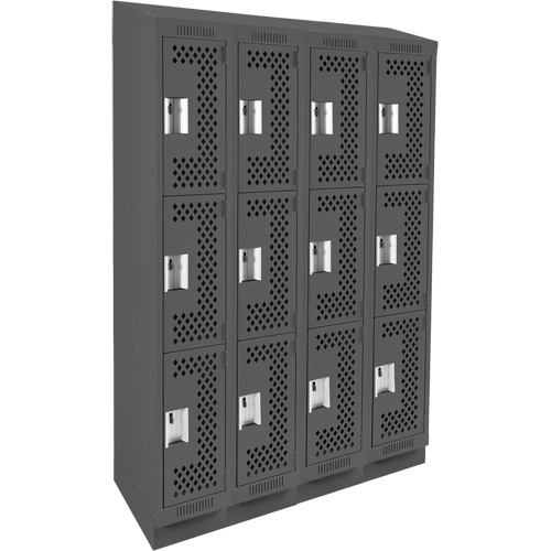 Clean Line Lockers, 3 -tier, Bank of 4, 48" x 18" x 82", Steel, Charcoal, Rivet (Assembled), Perforated Cantin et fils