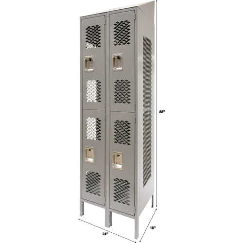 Vented Lockers, 2 -tier, Bank of 2, 24" x 18" x 88", Steel, Grey, Knocked Down, Perforated Cantin et fils
