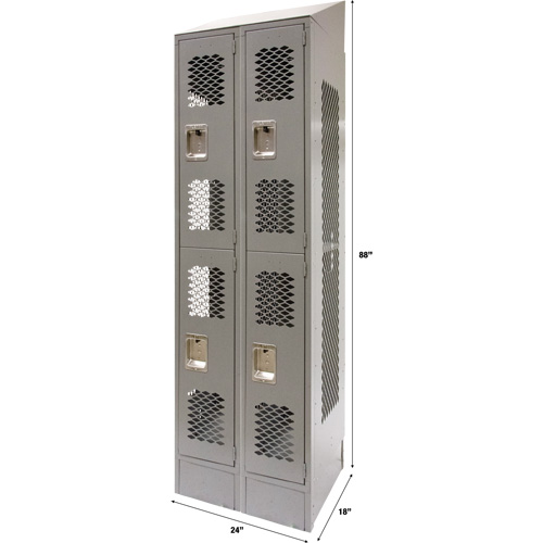 Vented Lockers, 2 -tier, Bank of 2, 24" x 18" x 88", Steel, Grey, Knocked Down, Perforated Cantin et fils