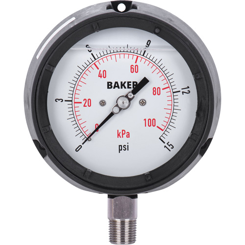 Manom&egrave;tre,  4-1/2", 0 - 15 psi/0 - 100 kPa, Fixation inf&eacute;rieure, Analogique rempli de liquide Cantin et fils