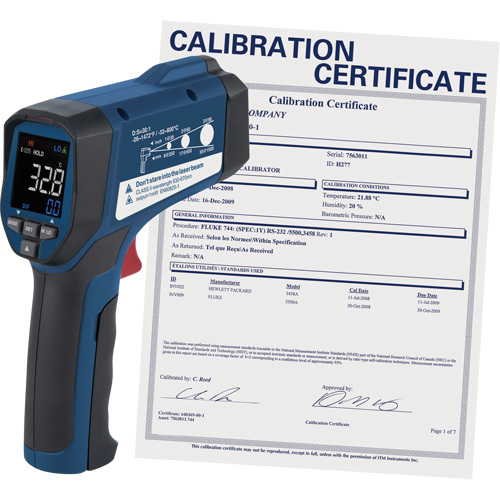 Professional Infrared Thermometer with Calibration Certificate, -26 - 1472° F ( -32 - 800° C ), 30:1, Adjustable Emmissivity Cantin et fils