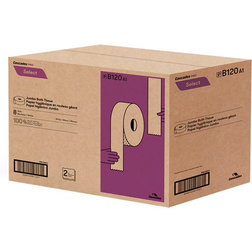 Pro Select&reg; Toilet Paper, Jumbo Roll, 2 Ply, 900' Length, White Cantin et fils