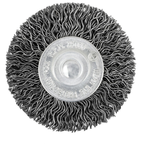 Brosse radiale &agrave; fils cr&ecirc;p&eacute;s mont&eacute; sur mandrin 105-2, 2", Fils ,02" Cantin et fils
