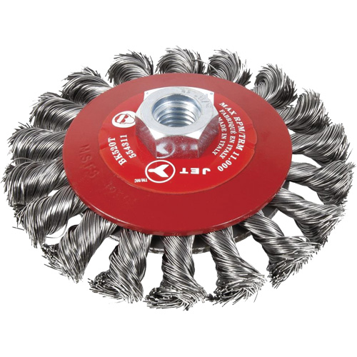 Brosse conique &agrave; fils nou&eacute;s torsad&eacute;s, Dia. 6", Fils 0,02", Arbre 5/8"-11, Acier Cantin et fils