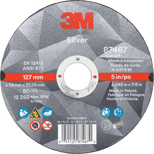 Silver Cut-Off Wheel, 5" x 0.045", 7/8" Arbor, Type 1, Ceramic, 12250 RPM Cantin et fils