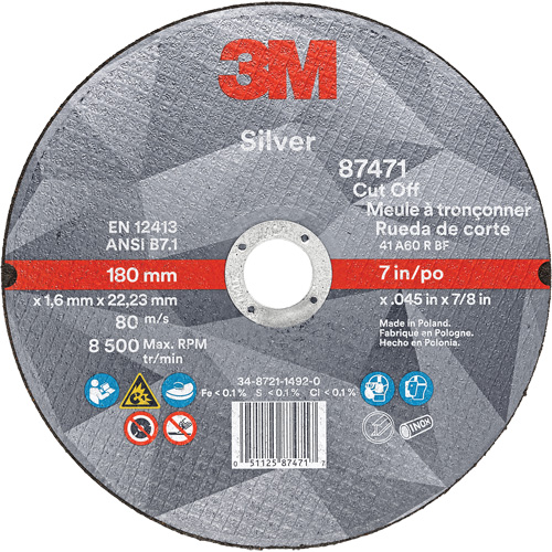Meule &agrave; tronçonner Silver, 7" x 0,045", Arbre de 7/8", Type 1, C&eacute;ramique, 8500 Tr/min Cantin et fils