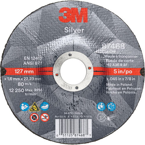 Silver Cut-Off Wheel, 5" x 0.045", 7/8" Arbor, Type 27, Ceramic, 12250 RPM Cantin et fils