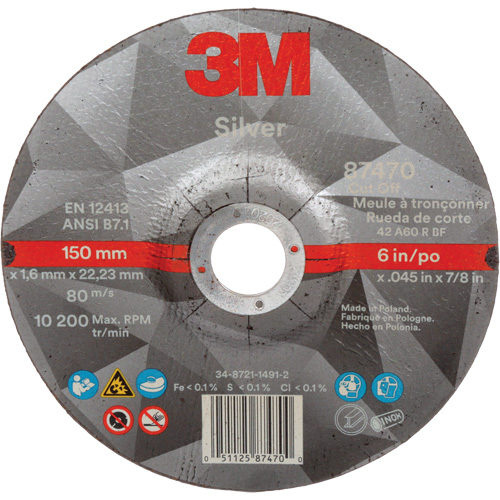 Silver Cut-Off Wheel, 6" x 0.045", 7/8" Arbor, Type 27, Ceramic, 10200 RPM Cantin et fils