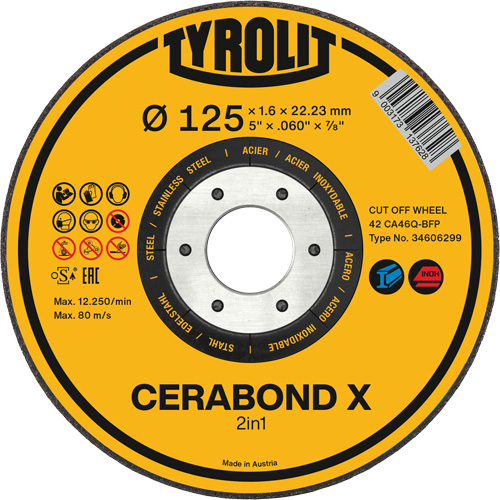 Meule &agrave; tronçonner pour acier et acier inoxydable CERABOND X, 5" x 0,6", Arbre de 7/8", Type 27, C&eacute;ramique, 12250 Tr/min Cantin et fils