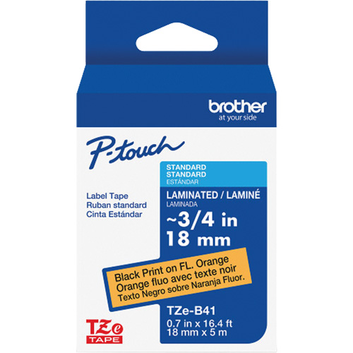 Ruban lamin&eacute; TZe-B41 pour &eacute;tiqueteuses P-Touch compatibles avec les rubans TZe, Noir sur orange fluorescent, Largeur de 0,7" Cantin et fils