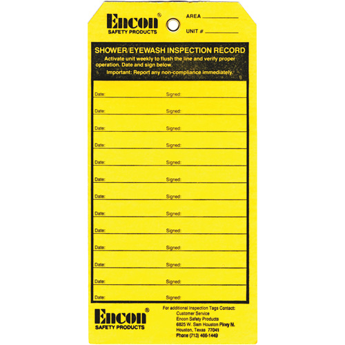 Emergency Shower & Eyewash Inspection Record Tag, Cardstock, 3-1/8" W x 6-1/4" H, English Cantin et fils