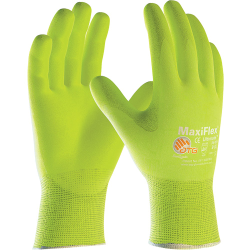 Gants sans coutures haute visibilit&eacute; ATG MaxiFlex Ultimate, Grand, R&ecirc;vetement Nitrile, Calibre 15, Enveloppe en Nylon/&eacute;lasthanne Cantin et fils