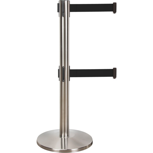 Barri&egrave;re pour le contr&ocirc;le des foules &agrave; courroie double, Acier, 35" h, Ruban Noir, Longueur du ruban 7' Cantin et fils
