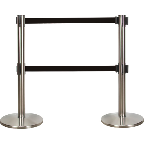 Barri&egrave;re pour le contr&ocirc;le des foules &agrave; courroie double, Acier, 35" h, Ruban Noir, Longueur du ruban 7' Cantin et fils