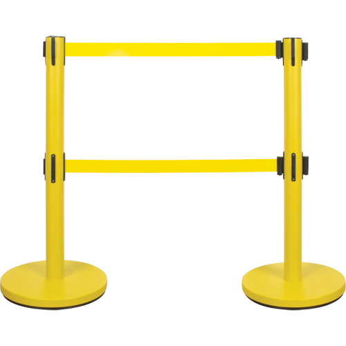 Barri&egrave;re pour le contr&ocirc;le des foules &agrave; courroie double, Acier, 35" h, Ruban Jaune, Longueur du ruban 7' Cantin et fils