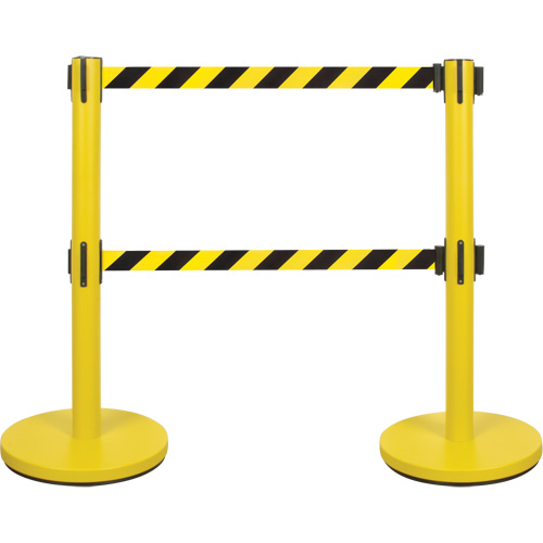 Dual Belt Crowd Control Barrier, Steel, 35" H, Black/Yellow Tape, 7' Tape Length Cantin et fils