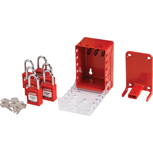 Boîte de cadenassage de groupe ultra compacte avec cadenas de s&eacute;curit&eacute; en nylon, Rouge Cantin et fils