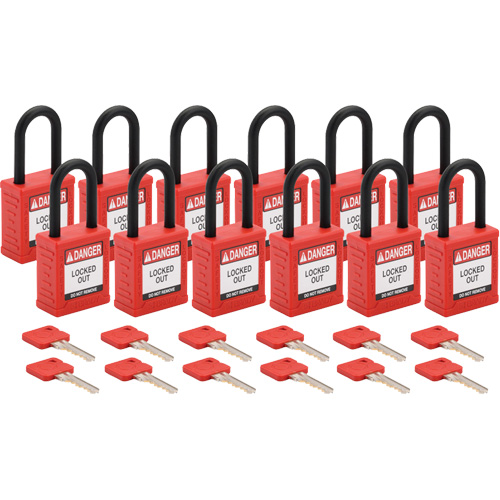 Cadenas de verrouillage Velocity, Rouge, Cl&eacute;s diff&eacute;rentes, Nylon, Largeur de 1-1/2" Cantin et fils