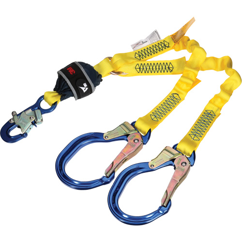 Twin-Leg Stretch Web Shock-Absorbing Lanyard, 4', Rebar Hook Center, Snap Hook Leg Ends Cantin et fils