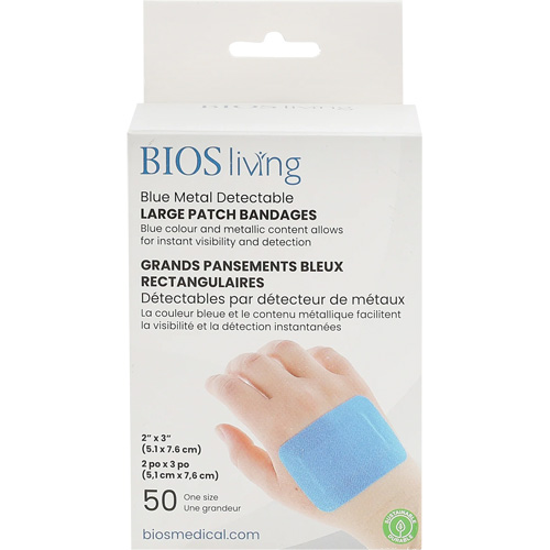 Grands bandages renforc&eacute;s bleus, Rectangulaire/carr&eacute;e, 3", Tissu d&eacute;tectable, St&eacute;rile Cantin et fils