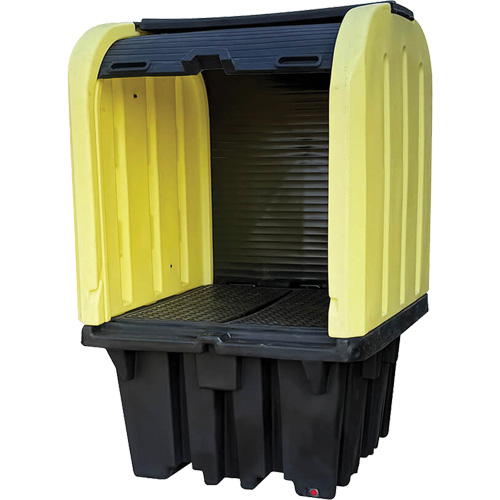 Palette anti-d&eacute;versement jaune &agrave; couvercle rigide roulant avec drain, 65" lo x 65" la x 101" h, Capacit&eacute; de charge 5000 lb Cantin et fils