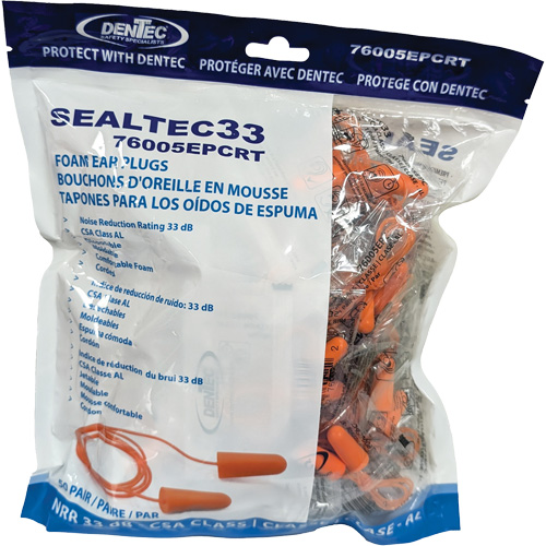 SEALTEC33 Orange Tapered PU Foam Disposable Earplugs, Bulk - Polybag, Corded Cantin et fils