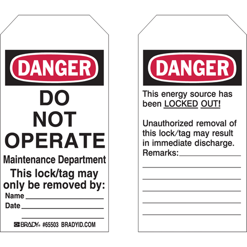 Lockout Tags, Plastic, 3" W x 5-1/2" H, English Cantin et fils