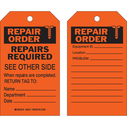 &eacute;tiquette pour les r&eacute;parations de s&eacute;curit&eacute;, Polyester, 4" la x 7" h, Anglais Cantin et fils