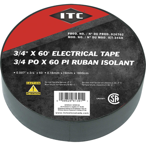 IET-3460 Electrical Tape, 19 mm (3/4") x 18.28 m (60'), Black Cantin et fils