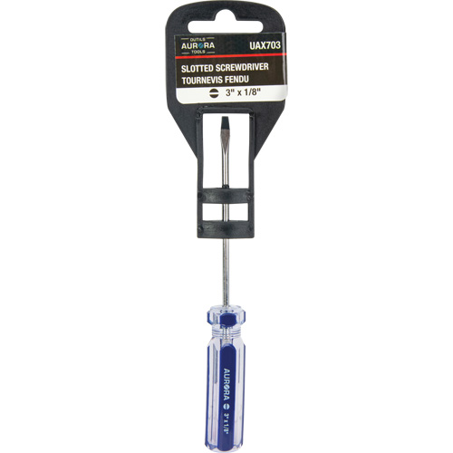 Tournevis &agrave; fente bleu transparent avec bandes , Tige de 1/8", Ronde, Prise en Plastique Cantin et fils