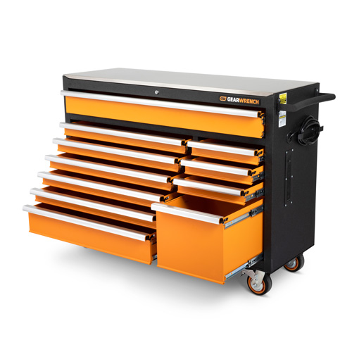 Armoire &agrave; outils roulante avec dessus de travail en acier inoxydable, 11 tiroirs, 52" la x 18" p x 36" h, Noir/Orange Cantin et fils