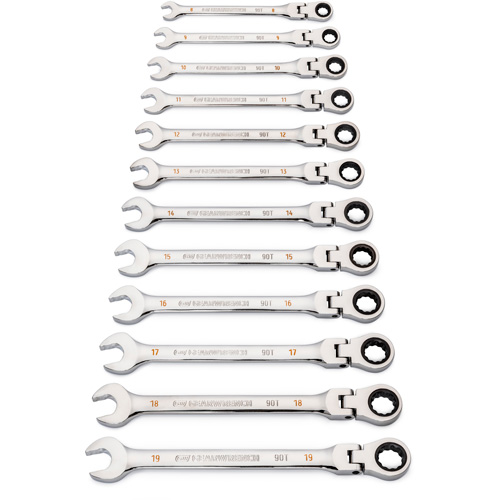 Jeu de cl&eacute;s &agrave; 12 pans et 90 dents, T&ecirc;te articul&eacute;e/Combinaison &agrave; cliquet, 12 morceaux, M&eacute;trique Cantin et fils