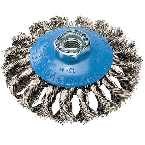 Brosse concave &agrave; fils nou&eacute;s torsad&eacute;s, Dia. 5", Fils 0,02", Arbre 5/8"-11, Aluminium/Acier inoxydable Cantin et fils
