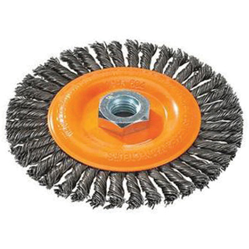 Brosse &agrave; fils nou&eacute;s pour cordons de soudure, Dia. 4", Fils 0,02", Arbre 5/8"-11, Acier Cantin et fils