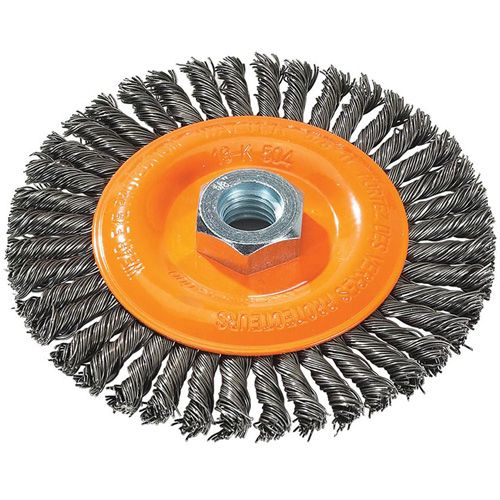 Brosse &agrave; fils nou&eacute;s pour cordons de soudure, Dia. 5", Fils 0,02", Arbre 5/8"-11, Acier Cantin et fils