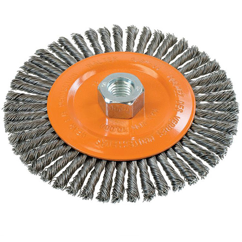 Brosse &agrave; fils nou&eacute;s pour cordons de soudure, Dia. 6", Fils 0,02", Arbre 5/8"-11, Acier Cantin et fils