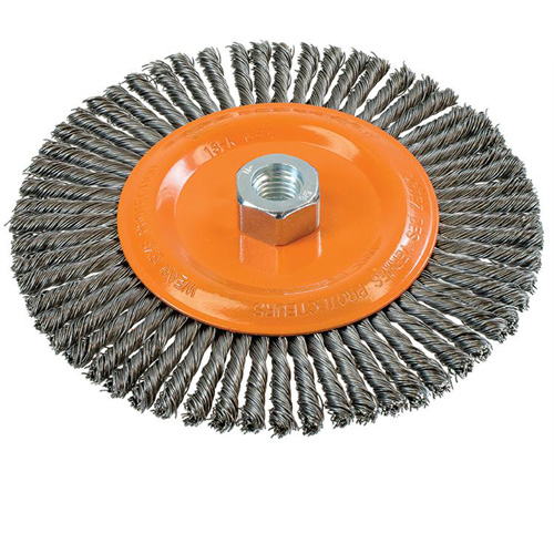 Brosse &agrave; fils nou&eacute;s pour cordons de soudure, Dia. 6-7/8'', Fils 0,02", Arbre 5/8"-11, Acier Cantin et fils