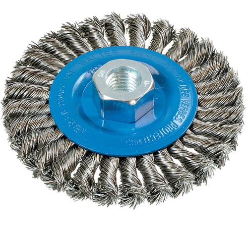 Wide Knotted Wire Wheel Brush, 4-1/2" Dia., 0.02" Fill, 5/8"-11 Arbor, Aluminum/Stainless Steel Cantin et fils