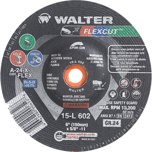Meules &agrave; moyeu d&eacute;port&eacute; Flexcut, 6", 60 Grain, Oxyde d'aluminium, 5/8"-11, 10 200 Tr/min, Type 29 Cantin et fils
