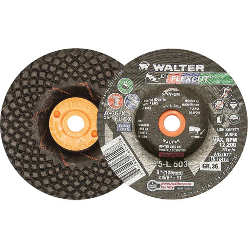 Meules &agrave; moyeu d&eacute;port&eacute; Flexcut, 5", 36 Grain, Oxyde d'aluminium, 5/8"-11, 12 200 Tr/min, Type 29 Cantin et fils