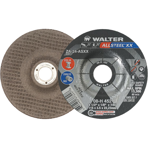 Meules &agrave; moyeu d&eacute;port&eacute; ALLSTEEL XX, 4-1/2" x 1/8", Arbre de 7/8", Type 27, Alumine de zirconium, 13 300 Tr/min Cantin et fils