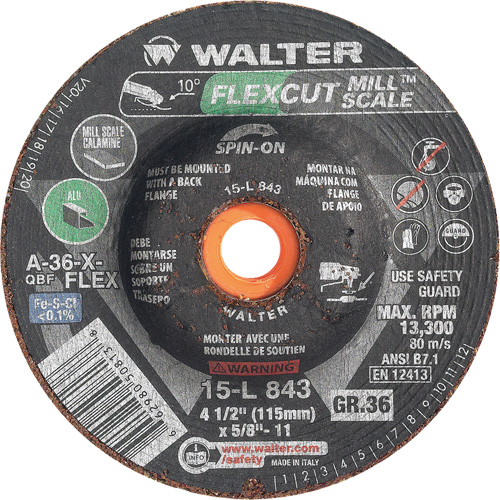 Meule FLEXCUT MILL SCALE, 4-1/2", 36 Grain, Oxyde d'aluminium, 5/8"-11, 13 300 Tr/min, Type 29 Cantin et fils